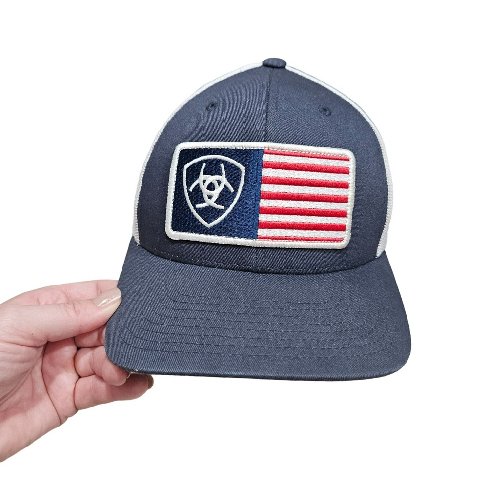 Ariat Mens Adjustable Flag Logo Navy &‎ White Mesh Back Cap Hat Country Outdoor